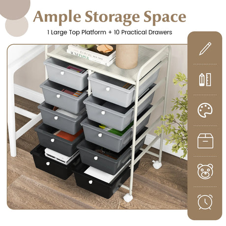 Rolling Storage Cart with 10 Drawers Office Supplies Trolley on Wheels Mixed Black