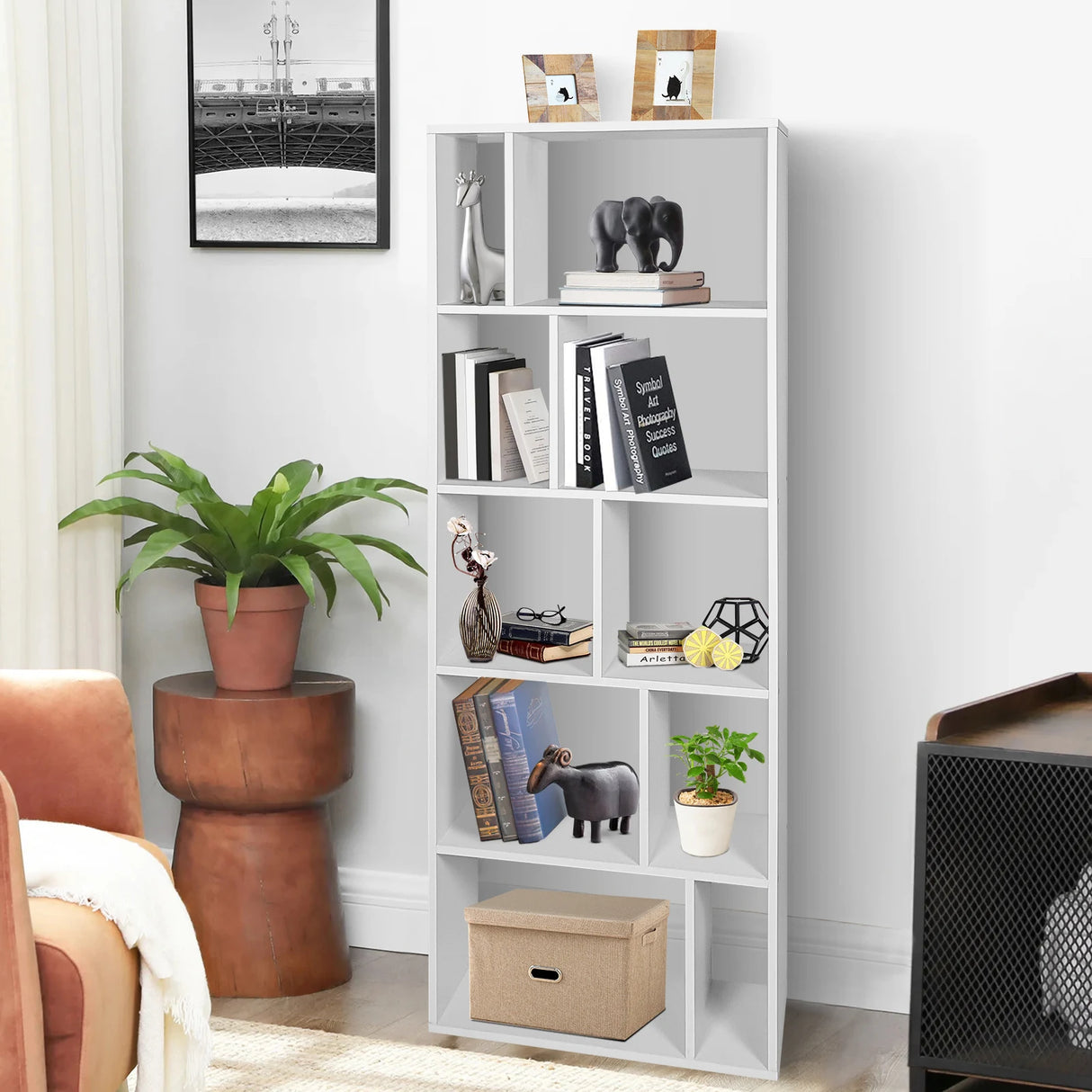 66 Inch Tall 5 Tiers Wood Bookshelf with 10 Open Compartments-White