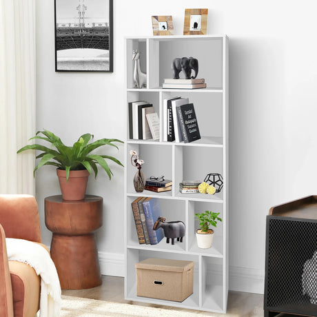 66 Inch Tall 5 Tiers Wood Bookshelf with 10 Open Compartments-White