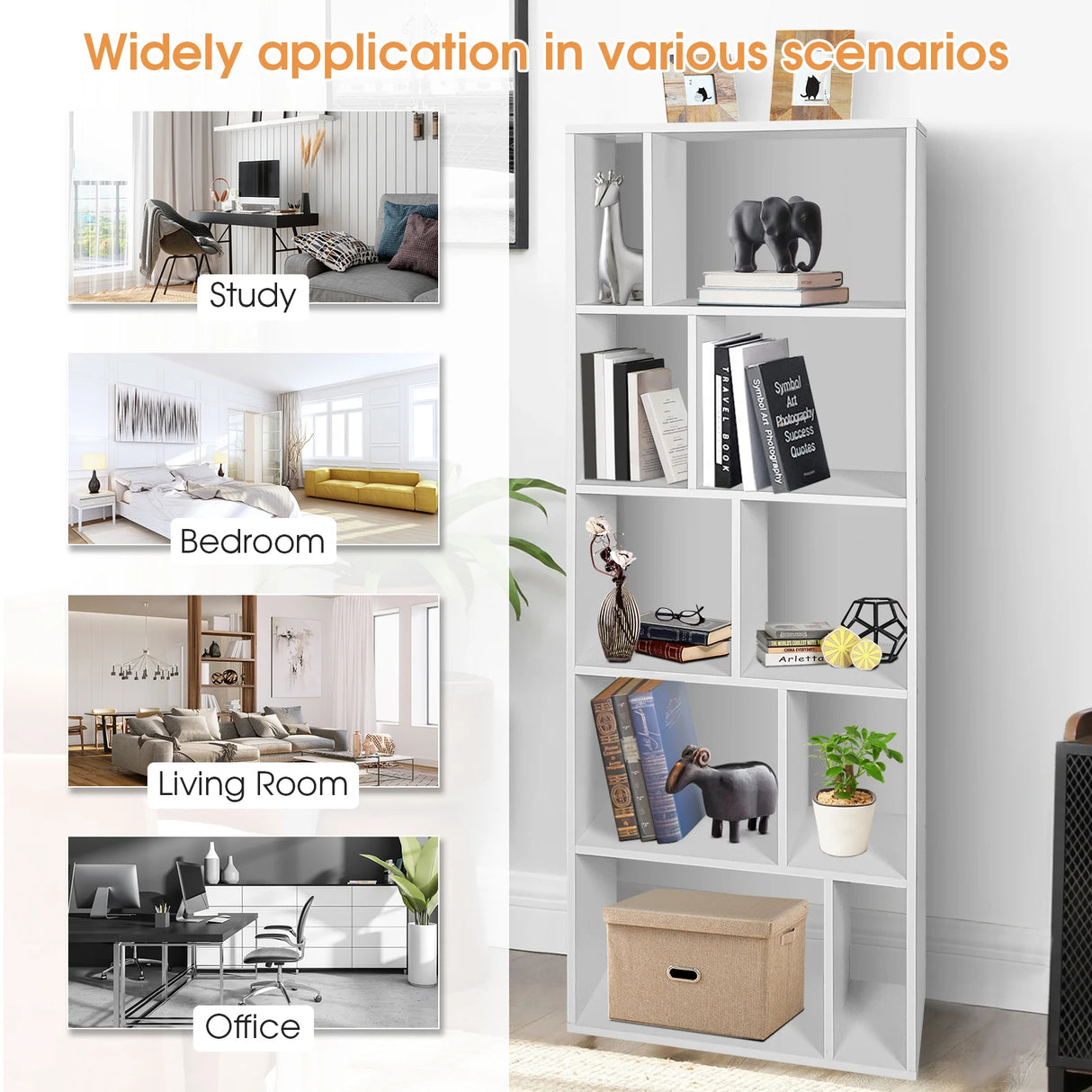 66 Inch Tall 5 Tiers Wood Bookshelf with 10 Open Compartments-White