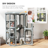 PawHut Catio Outdoor Cat Enclosure,  Wooden Cat House with Platforms, Condo and Waterproof Cover for 23 Kittens, Grey