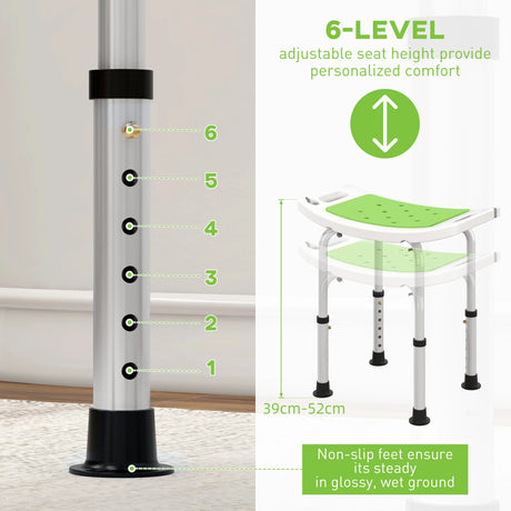 HOMCOM 6-Level Height Adjustable Aluminium Bath Room Stool Chair Shower Non-Slip Design w/ Padded Seat Drainage Holes Foot Pad, Green