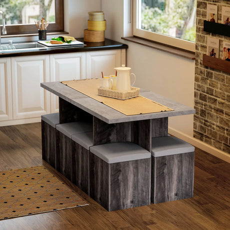 HOMCOM 5PC Dining Set Garden Patio Wooden Set 4 Storage Stools Footrest Ottoman with Cushions + 1 Table Space Saving Design Indoor Outdoor