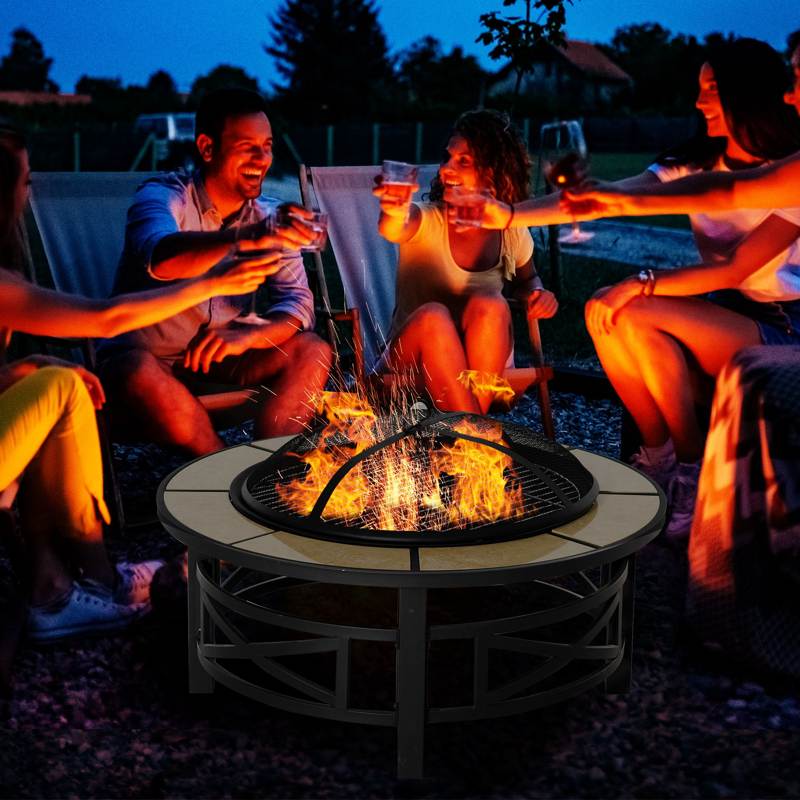 Outsunny 2-in-1 Φ84cm Metal Large Fire Pit, Outdoor Firepit Bowl with Grill, Spark Screen Cover, Fire Poker for BBQ, Garden, Bonfire, Patio, Black