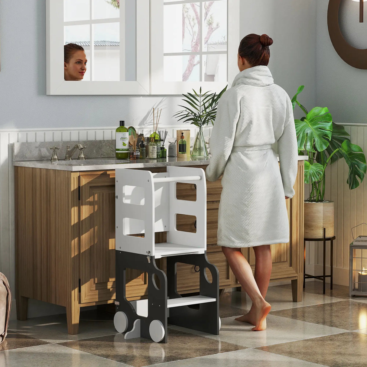 AIYAPLAY Toddler Step Stool, 4 in 1 Standing Tower, Foldable Toddler Step with Safety Rail, for Kitchen, Bathroom, Grey