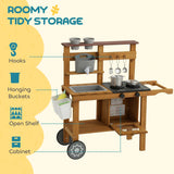 AIYAPLAY Wooden Mud Kitchen with Wheels, Stove, Faucet, Flower Pots, Stainless Steel Accessories for Toddlers 3-6, Brown