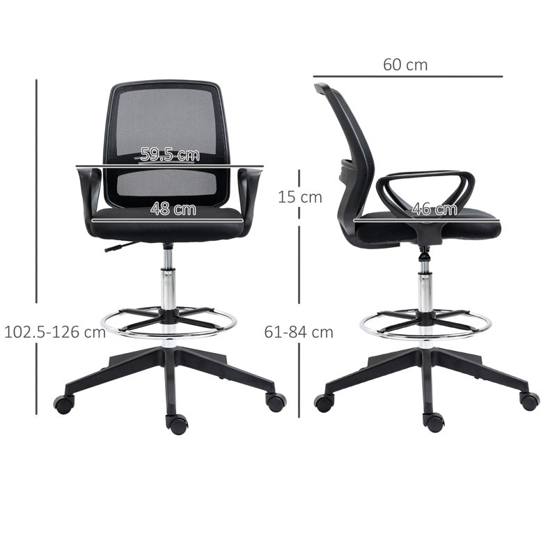 Vinsetto Ergonomic Mesh Back Draughtsman Chair, Tall Standing Desk Chair with Adjustable Height and Footrest 360 Swivel, Black