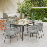 Outsunny Rattan Dining Set, 6 Seater Rattan Garden Furniture Set with Acacia Wood Top Rectangle Table, 6 Chairs, Washable Seat Cushions, for Outdoor, Patio, Conservatory, Grey