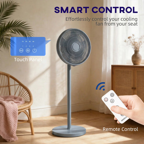 HOMCOM 40 cm Standing Fan, Cooling Floor Fan with 80 Oscillating, Adjustable Tilt and Height, 4 Speed, Remote Control, Grey