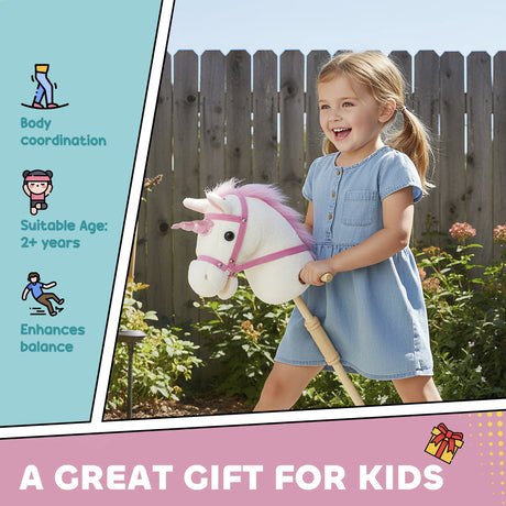 AIYAPLAY Unicorn Stick Horse with Wood Wheels, Real Pony Neighing and Galloping Sounds, Grip Handle, 95 cm, White