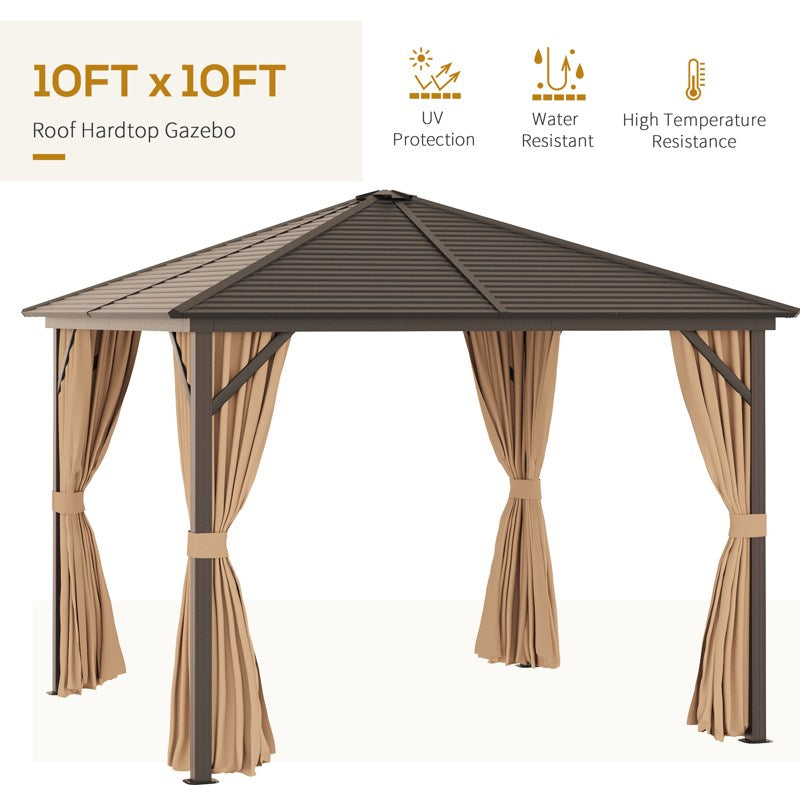 Outsunny 3 x 3(m) Metal Hardtop Gazebo, with Curtains and Accessories - Brown