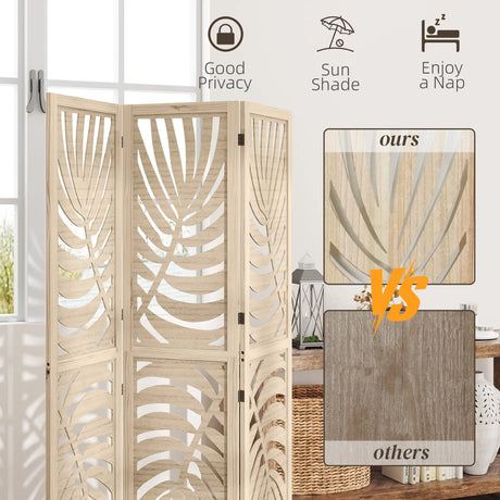HOMCOM 3 Panel Room Divider, Detachable Folding Privacy Screens with Palm Leaf Design for Home Office, Natural Wood Finish
