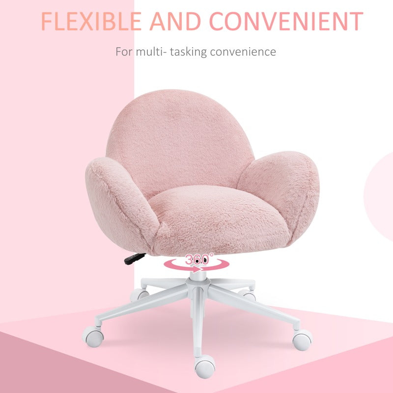 HOMCOM Makeup Vanity Chair, Cute Fluffy Desk Chair with Rolling Wheels for Bedroom Living Room, Pink