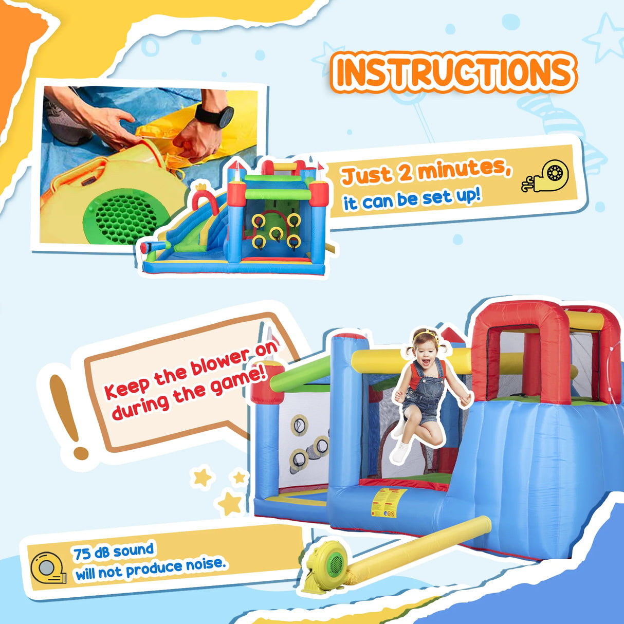 Outsunny 6 in 1 Kids Bouncy Castle, with Water Slide, Water Gun, Climbing Wall, Air Blower for Indoors/Outdoors, 3.9 x 3 x 2m