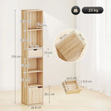 HOMCOM 6-Tier Bookcase, Tall Narrow Bookshelf with Drawer and Door - Natural Wood Finish