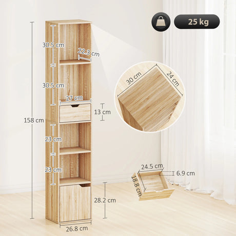 HOMCOM 6-Tier Bookcase, Tall Narrow Bookshelf with Drawer and Door - Natural Wood Finish