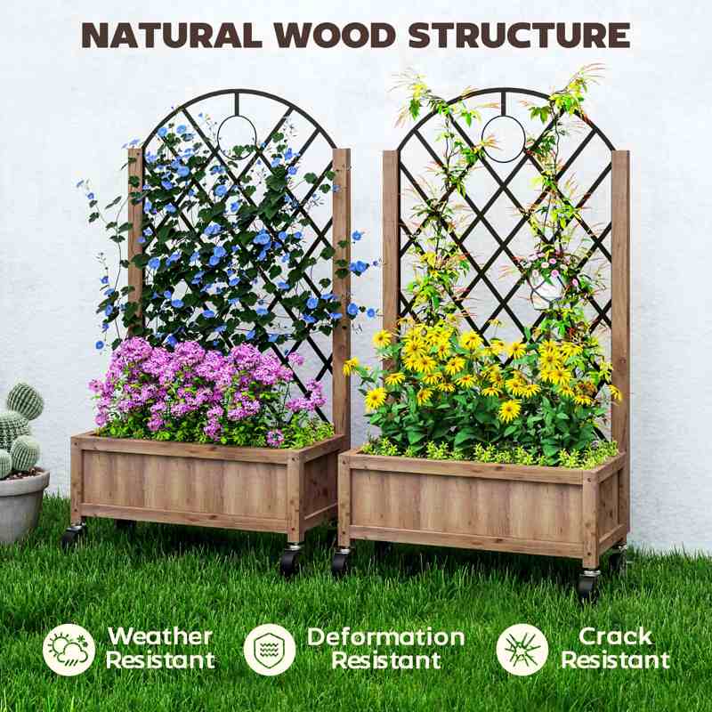 Outsunny Raised Garden Bed with Metal Trellis, Pack of 2 Wooden Elevated Planter Box with Wheels and Drainage Holes, Outdoor Raised Planter for Climbing Plants, Fruits, Vegetables, Flowers, Brown