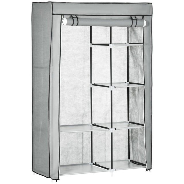 HOMCOM Fabric Wardrobe, Portable Wardrobe with 6 Shelves, 1 Hanging Rail, Foldable Closets, 103 x 43 x 162.5 cm, Light Grey