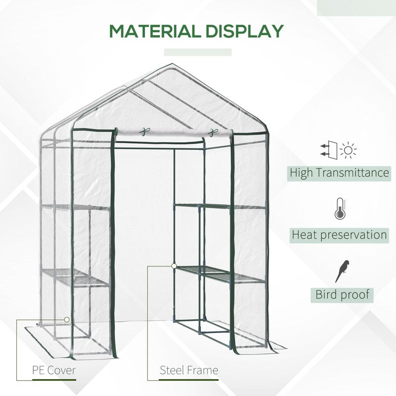 Outsunny Walk in Greenhouse with 3-Tier 8 Shelves, Green House with Hemmed Cover, Roll-up Zipped Door, Steel Frame, 143 x 143 x 195cm