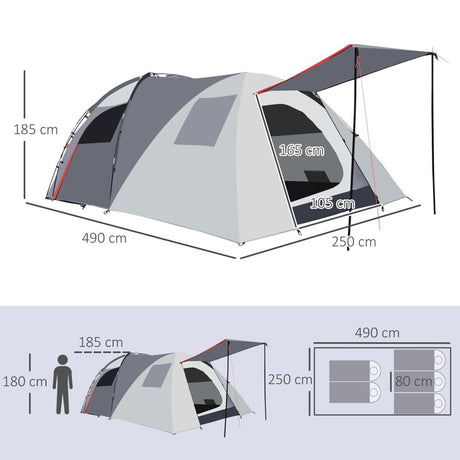 Outsunny 4-5 Man Outdoor Tunnel Tent, Two Room Camping Tent with Portable Mat, Sewn-In Floor, Carry Bag, 4 Doors and Breathable Mesh Windows, 2000mm Water Column for Fishing, Festival, Hiking