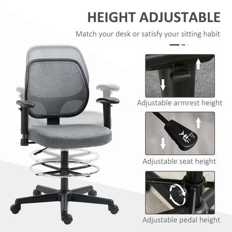 Vinsetto Drafting Chair, Fabric Office Chair, Ergonomic Painting Chair with Height Armrest Adjustable and Foot Ring, 360 Swivel Stool Chair for Standing Desk, Grey