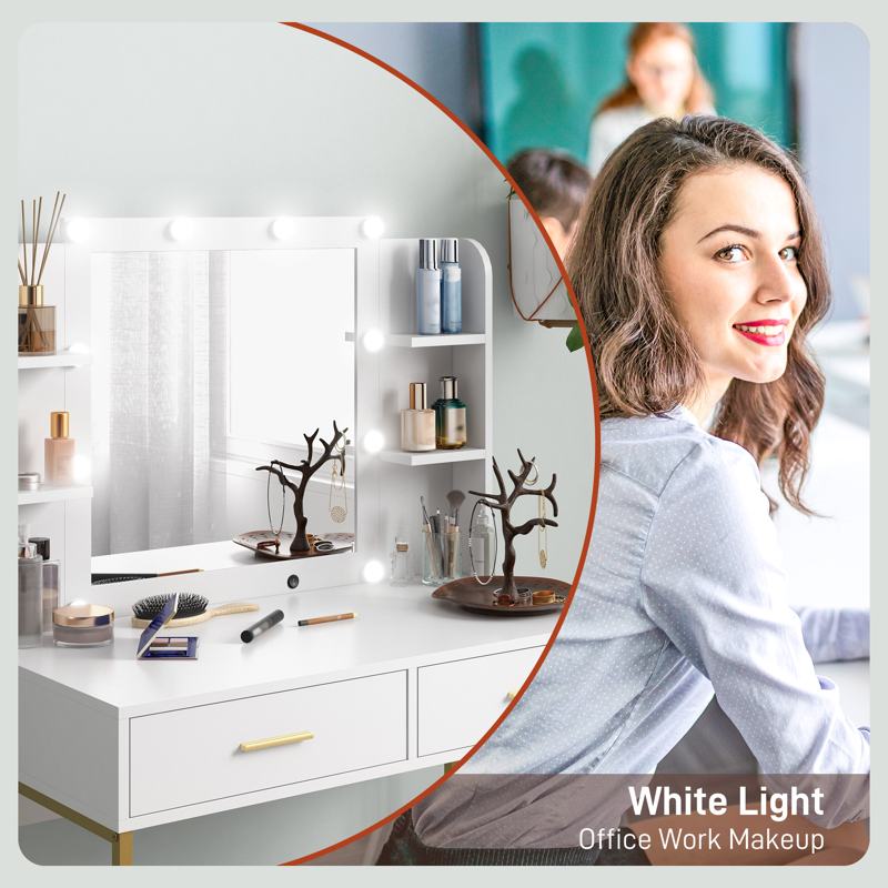 HOMCOM Dressing Table with Lighted Mirror, Cushioned Stool, Drawers, Shelves, LED Makeup Vanity Desk Set, Modern Dresser Vanity Table for Bedroom, White