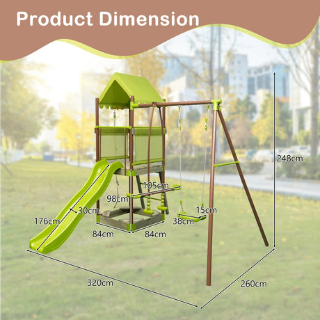 7-in-1 Kids Outdoor Metal Playset with Wave Slide and Climbing Rope-Green
