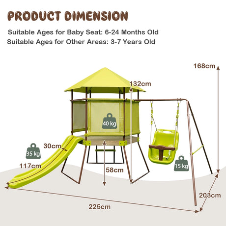 4-in-1 Swing Set with Covered Playhouse Fort and Height Adjustable Baby Seat-Green