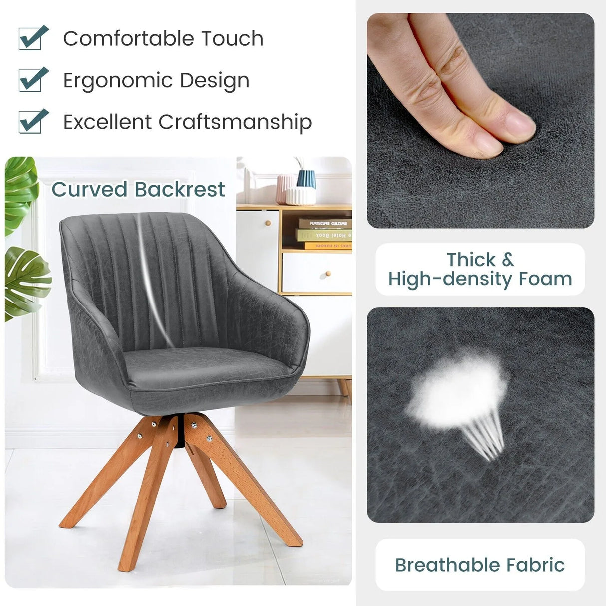 Ergonomic Armchairs with Linen Fabric Cover for Home Office-Grey