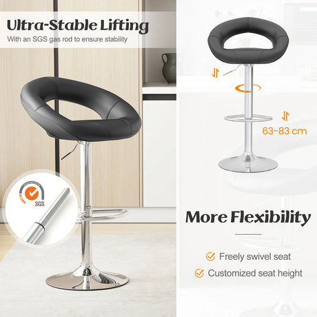 Swivel Height Adjustable Bar Stool Set of 2 with Hollow Back and Footrest-Black