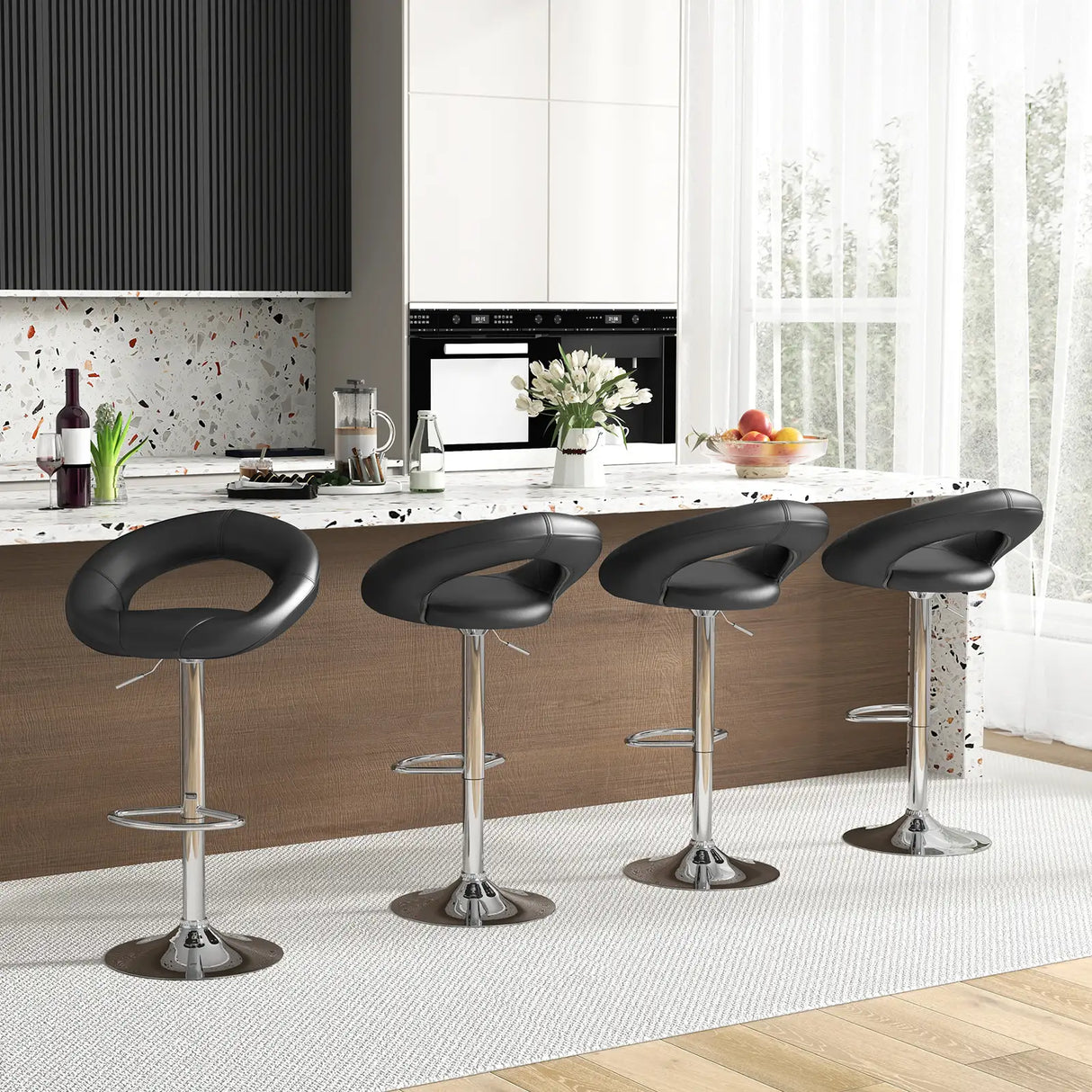 Swivel Height Adjustable Bar Stool Set of 2 with Hollow Back and Footrest-Black