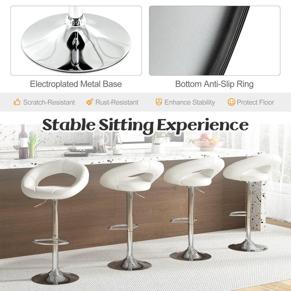 Swivel Height Adjustable Bar Stool Set of 2 with Hollow Back and Footrest-White