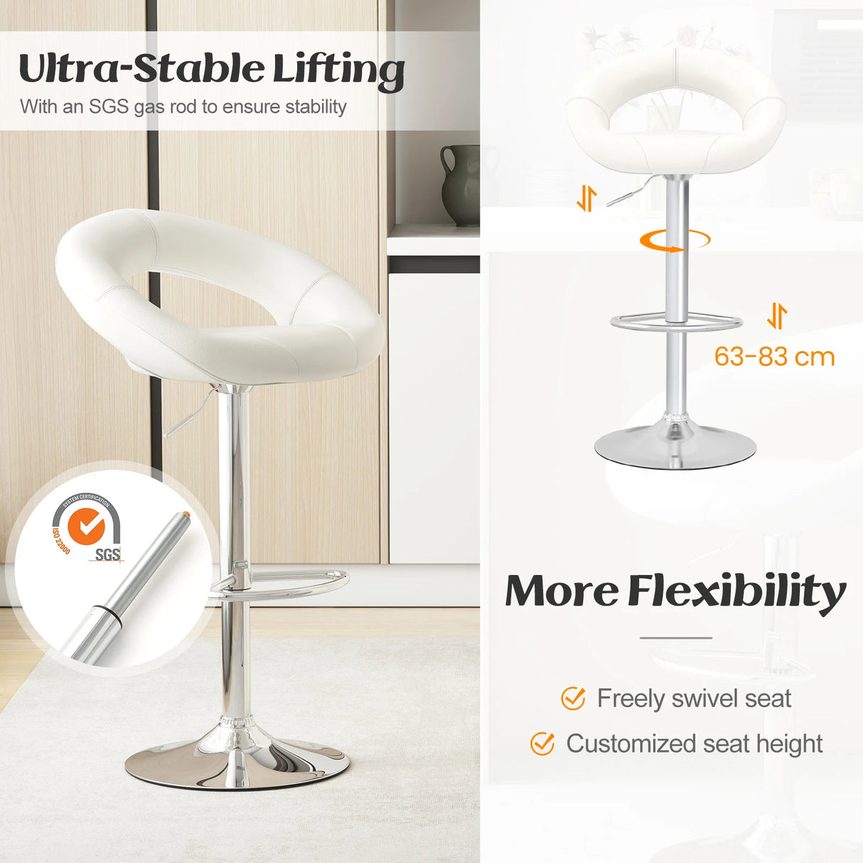 Swivel Height Adjustable Bar Stool Set of 2 with Hollow Back and Footrest-White