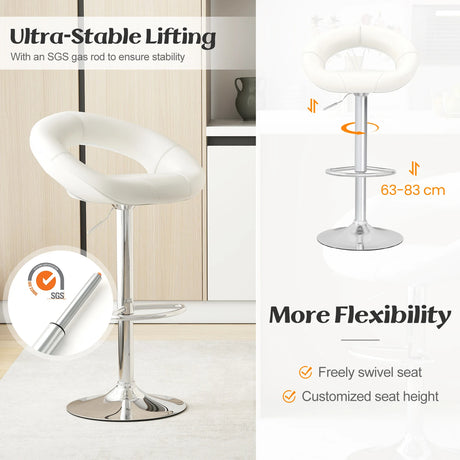 Swivel Height Adjustable Bar Stool Set of 2 with Hollow Back and Footrest-White
