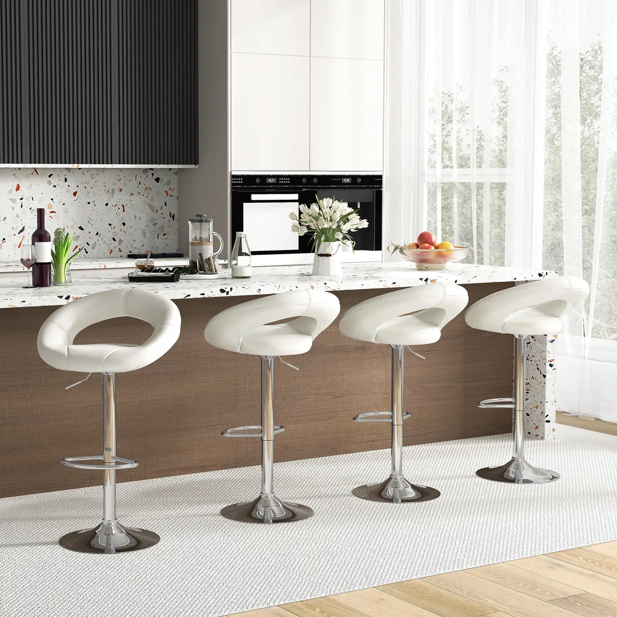 Swivel Height Adjustable Bar Stool Set of 2 with Hollow Back and Footrest-White