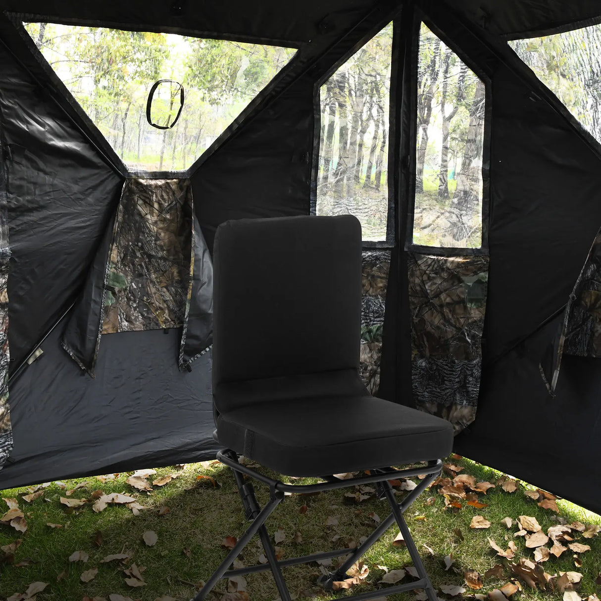 Swivel Folding Chair with Backrest and Padded Cushion-Black