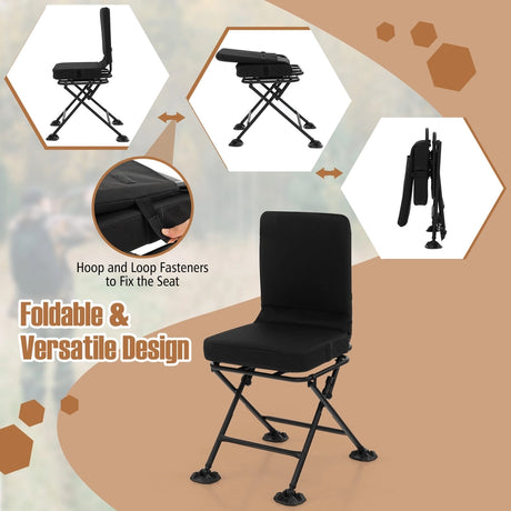 Swivel Folding Chair with Backrest and Padded Cushion-Black