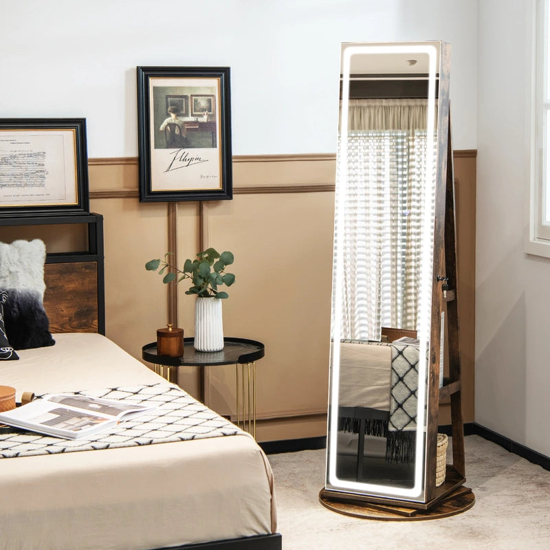 360 Swivel Jewelry Cabinet with LED Lights,  Foldable Shelf-Brown