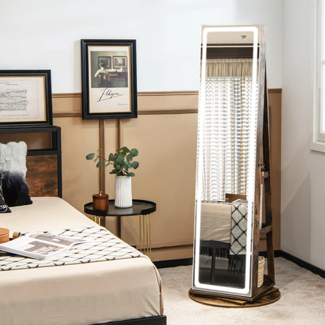 360 Swivel Jewelry Cabinet with LED Lights,  Foldable Shelf-Brown