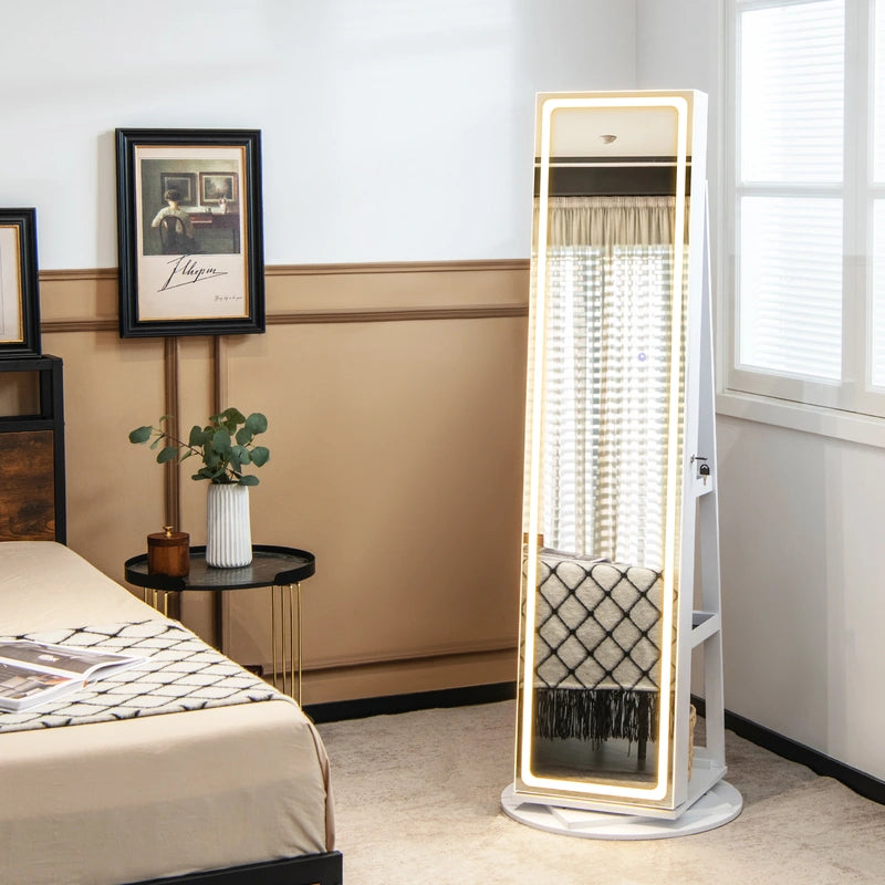 360 Swivel Jewelry Cabinet with LED Lights,  Foldable Shelf-White