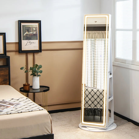 360 Swivel Jewelry Cabinet with LED Lights,  Foldable Shelf-White