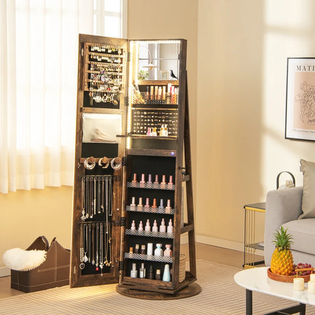 360 Swivel Jewelry Cabinet with LED Lights,  Foldable Shelf-Brown