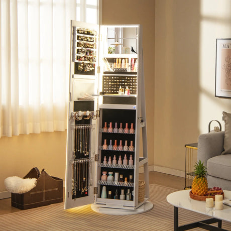 360 Swivel Jewelry Cabinet with LED Lights,  Foldable Shelf-White