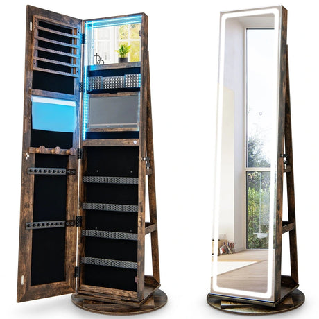 360 Swivel Jewelry Cabinet with LED Lights,  Foldable Shelf-Brown