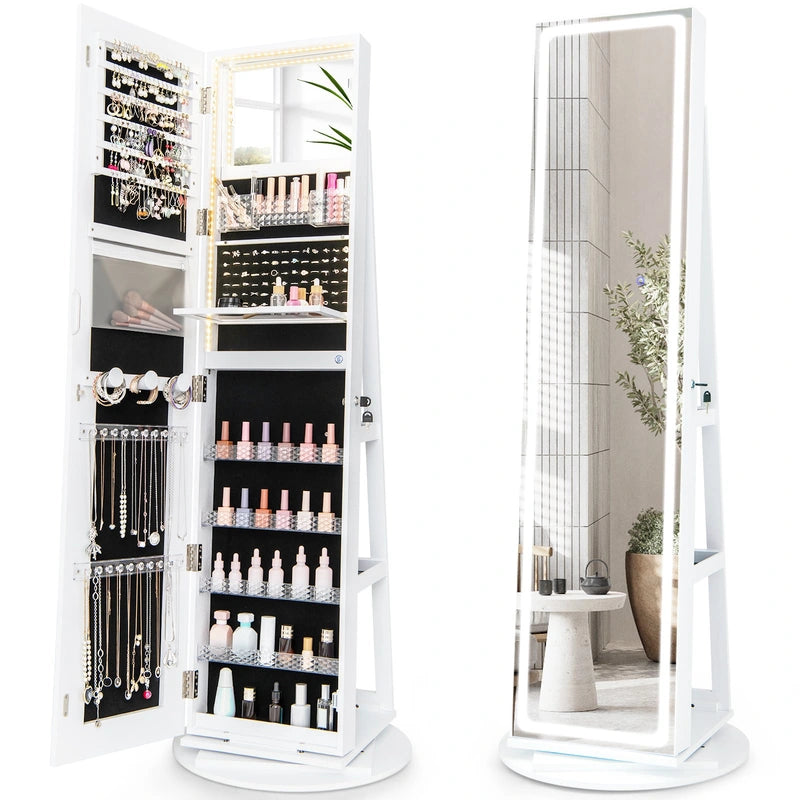 360 Swivel Jewelry Cabinet with LED Lights,  Foldable Shelf-White