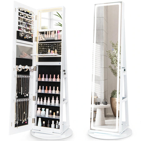 360 Swivel Jewelry Cabinet with LED Lights,  Foldable Shelf-White