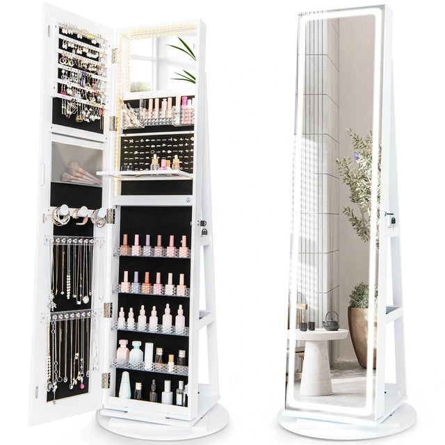 360 Swivel Jewelry Cabinet with LED Lights,  Foldable Shelf-White