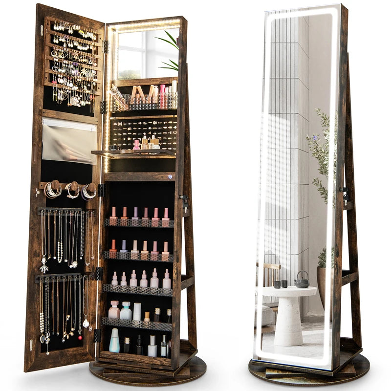 360 Swivel Jewelry Cabinet with LED Lights,  Foldable Shelf-Brown