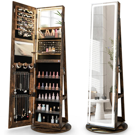 360 Swivel Jewelry Cabinet with LED Lights,  Foldable Shelf-Brown