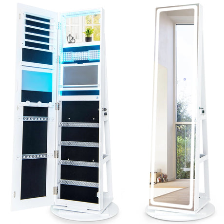 360 Swivel Jewelry Cabinet with LED Lights,  Foldable Shelf-White